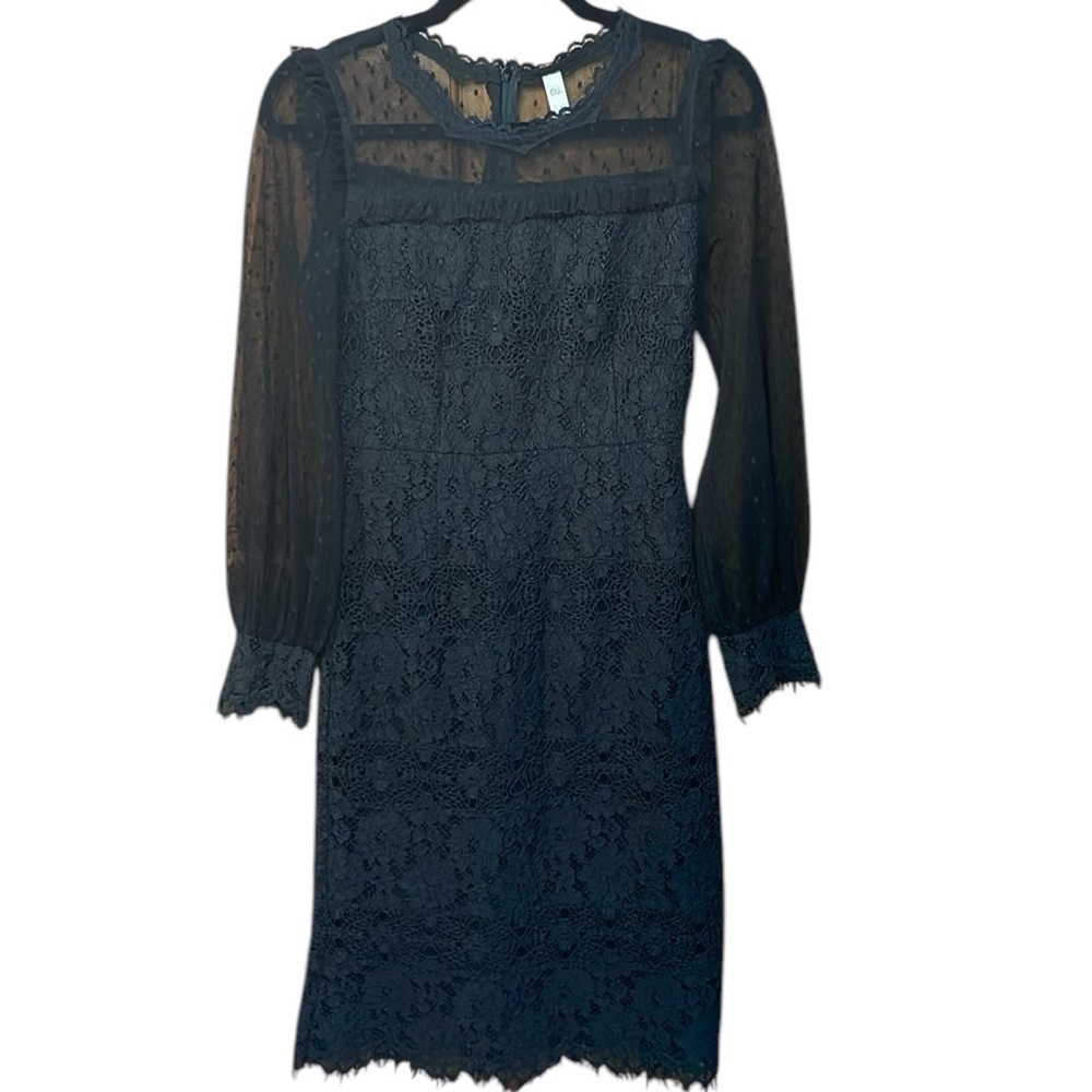 OU Lace Midi Dress Sheer Chest Sleeve Polka Dots Zip up Women’s Small Black
